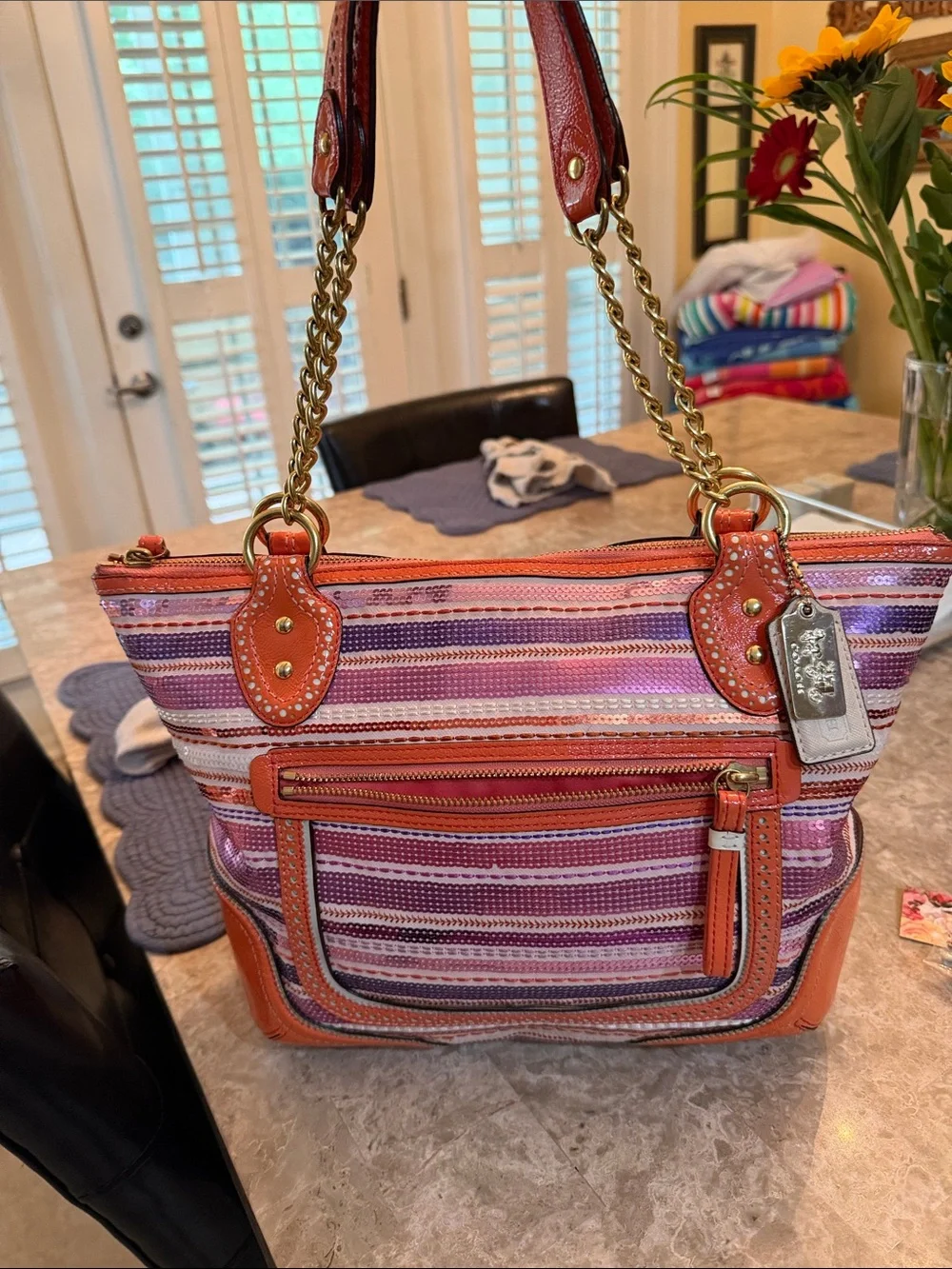Coach Poppy Y2K  Pink, Purple, and Orange Sequined Leather-Trim Tote/Satchel